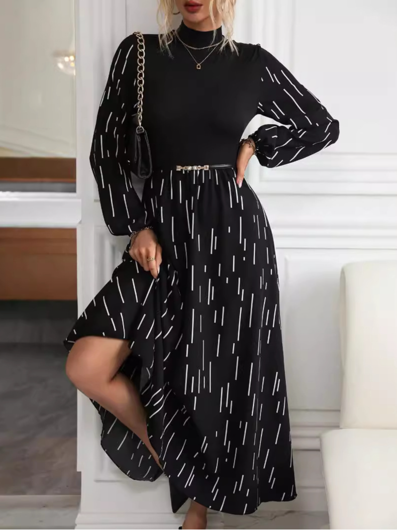 Damen Geometrisch Langarm Bequem Lässig Spitze Maxikleid