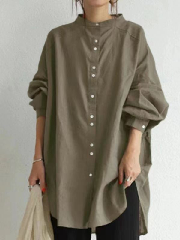 Hemdkragen Langarm Unifarben Regelmäßig Weit Bluse für Damen