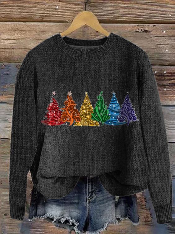 Damen Gestrickt Weihnachtsbaum Langarm Bequem Lässig Pullover