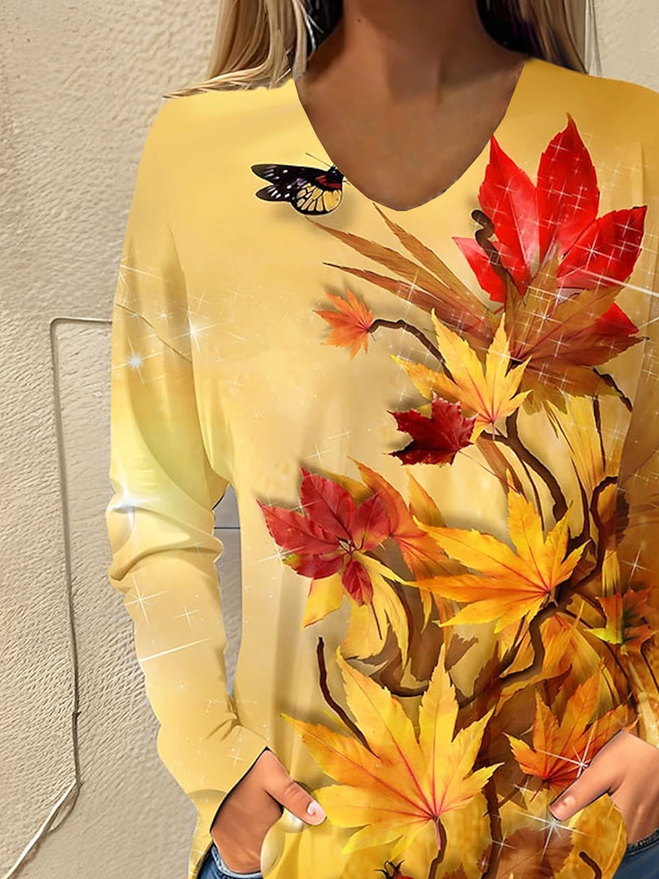 V-Ausschnitt Langarm Ahornblatt Regelmäßig Mikroelastizität Weit Bluse für Damen