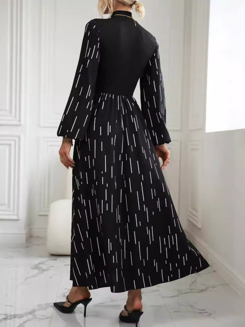 Damen Geometrisch Langarm Bequem Lässig Spitze Maxikleid
