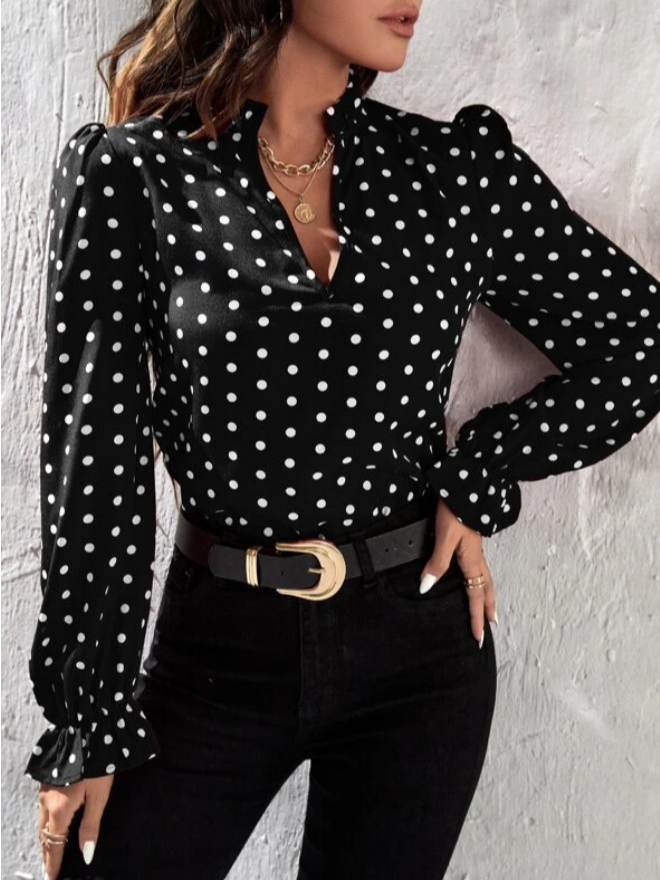Stehkragen Langarm Polka Dots Regelmäßig Weit Bluse für Damen