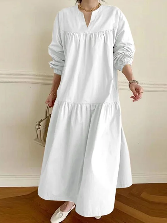Damen Unifarben Rundhals Langarm Bequem Lässig Spitze Maxikleid
