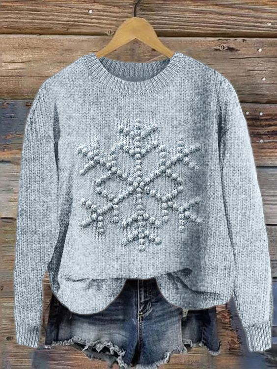 Damen Gestrickt Schneeflocke Langarm Bequem Lässig Pullover