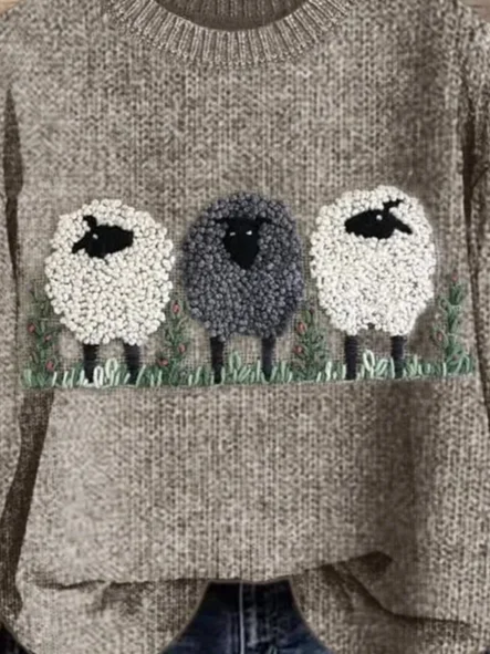 Damen Gestrickt Tier Langarm Bequem Lässig Pullover