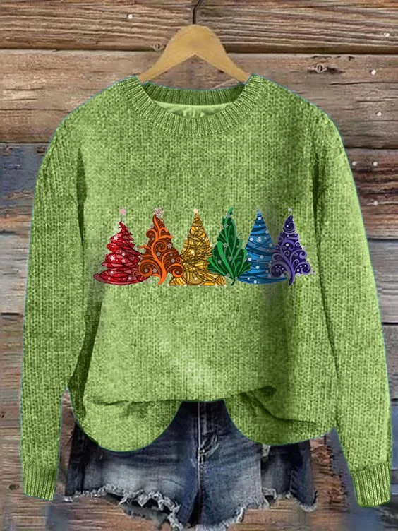 Damen Gestrickt Weihnachtsbaum Langarm Bequem Lässig Pullover