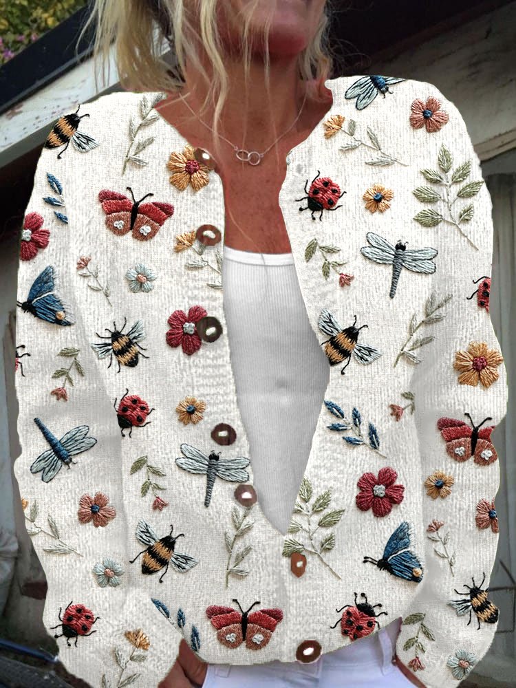 Damen Gestrickt Pflanzen Langarm Bequem Lässig Strickjacke