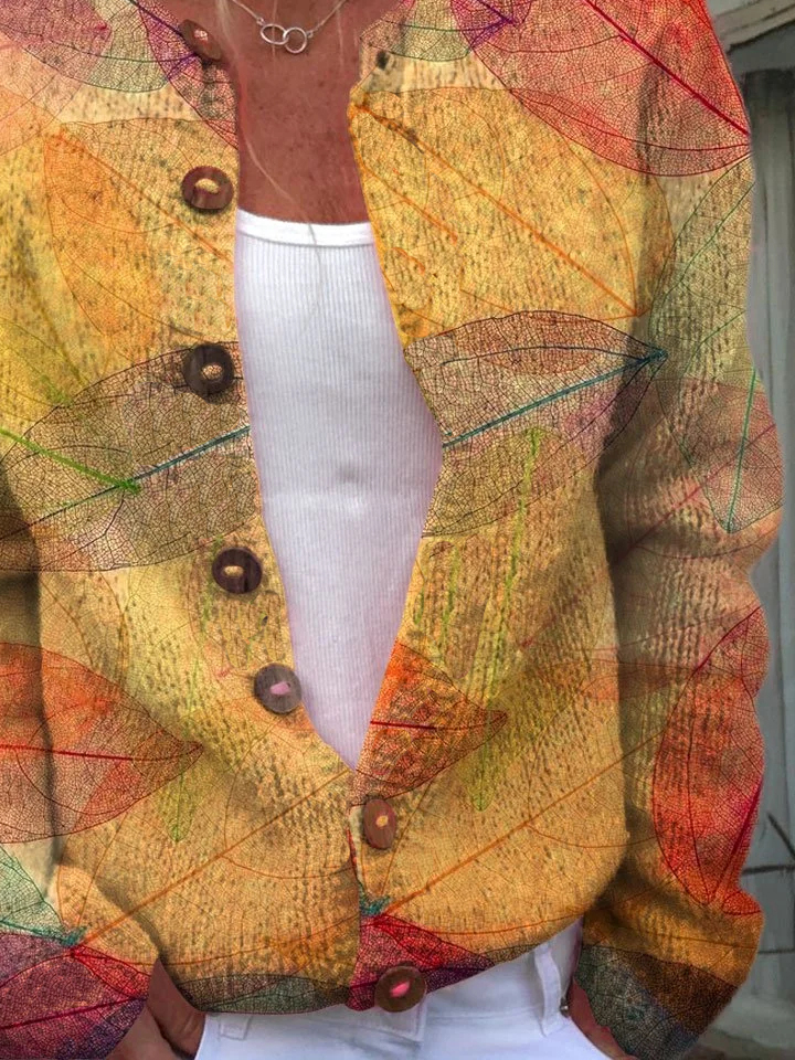 Damen Blätter Langarm Bequem Lässig Geknöpft Strickjacke