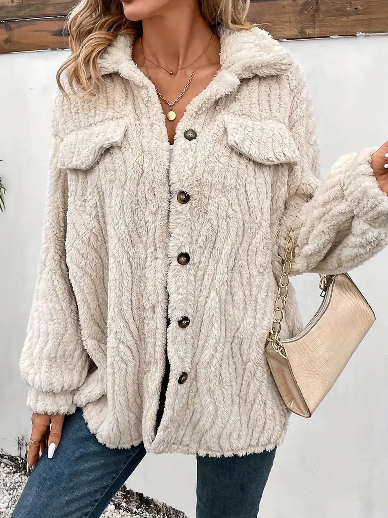 Damen Unifarben Sherpa-Jacke Reißverschluss verdicken Weit Teddy Jacke