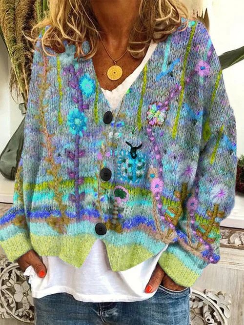 Damen Garn/Wollgarn Geblümt Langarm Bequem Lässig Strickjacke