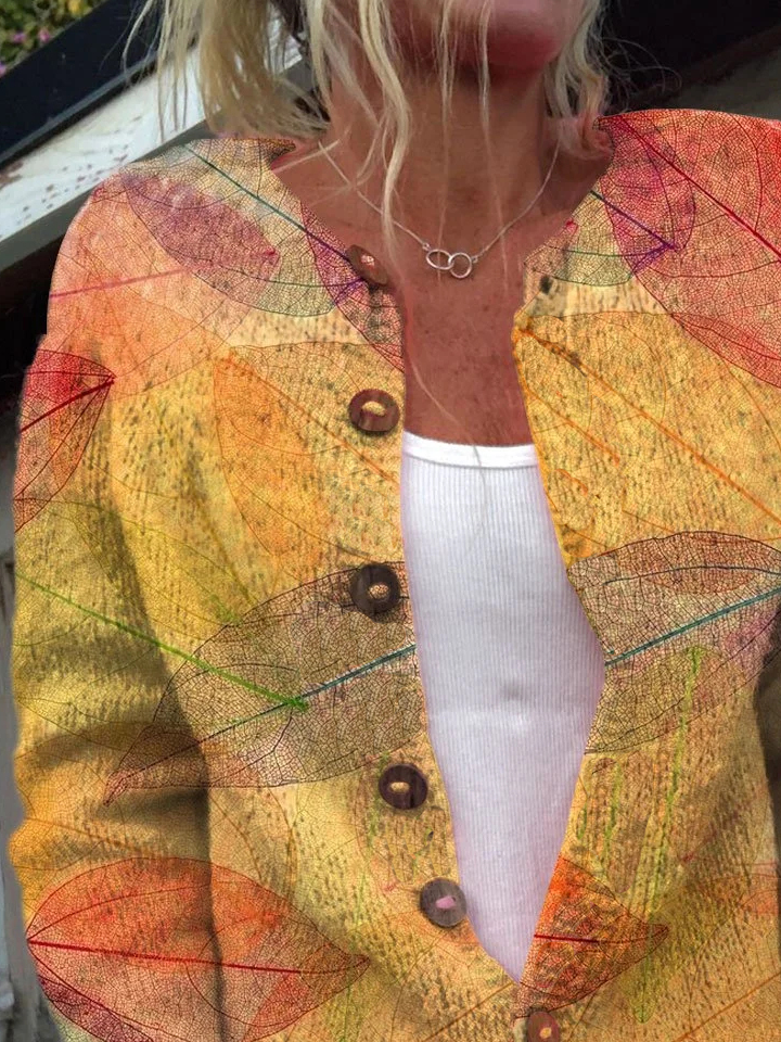 Damen Blätter Langarm Bequem Lässig Geknöpft Strickjacke