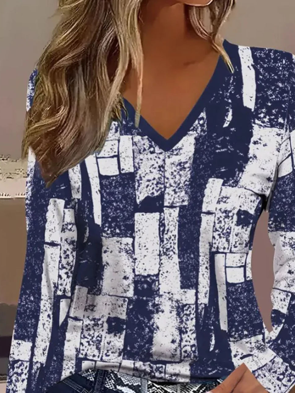 Lässig Abstrakt V-Ausschnitt Langarm T-Shirt