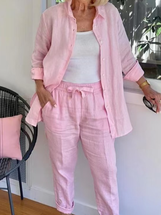 Damen Unifarben Schalkragen Langarm Bequem Lässig Mantel mit Hosen Zweiteiliges Set