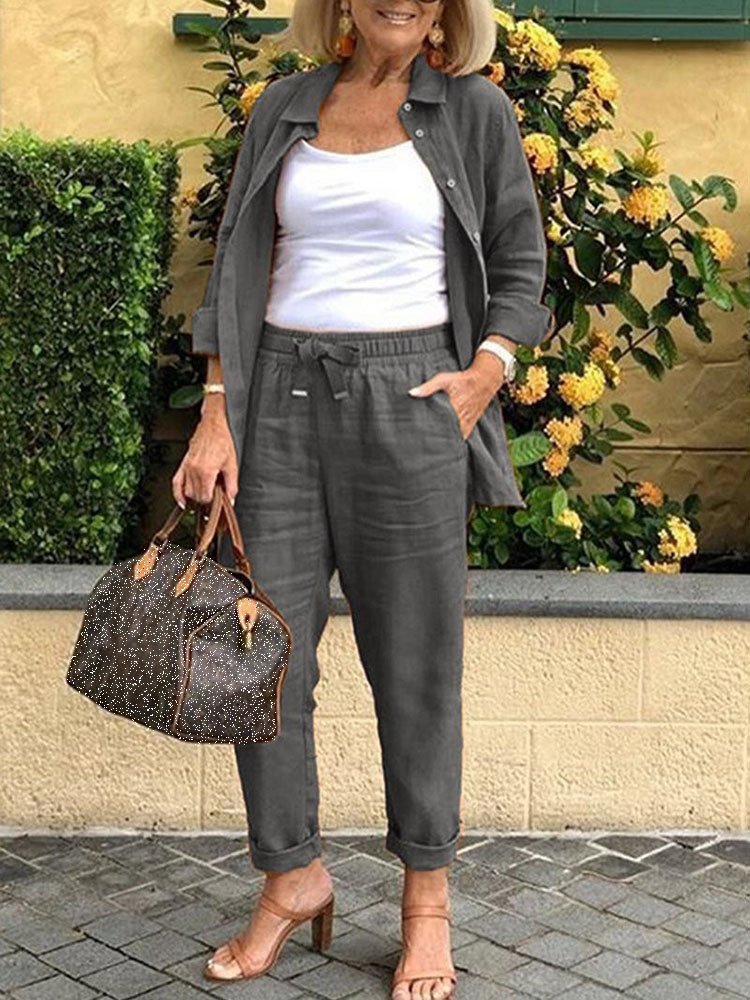 Damen Unifarben Schalkragen Langarm Bequem Lässig Mantel mit Hosen Zweiteiliges Set