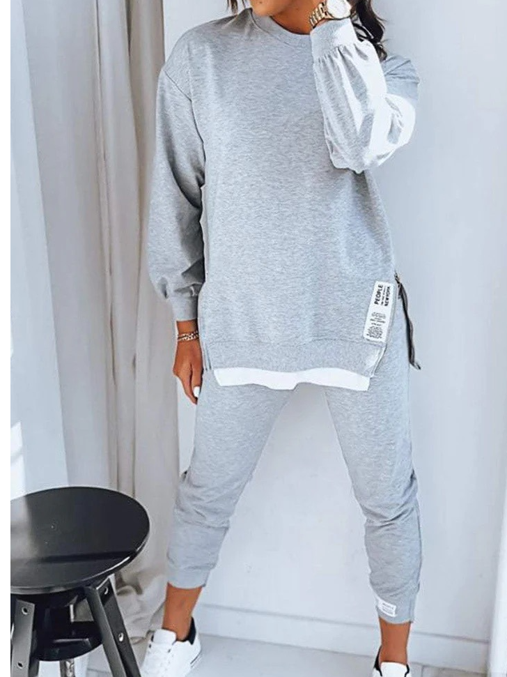Damen Unifarben Rundhals Langarm Bequem Lässig Bluse mit Hose Zweiteiliges Set