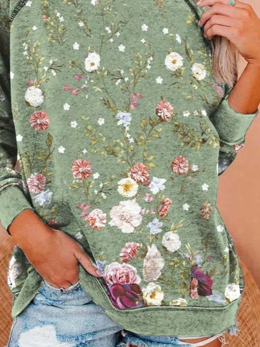 Lässig Rundhals Geblümt Sweatshirt Reißverschluss