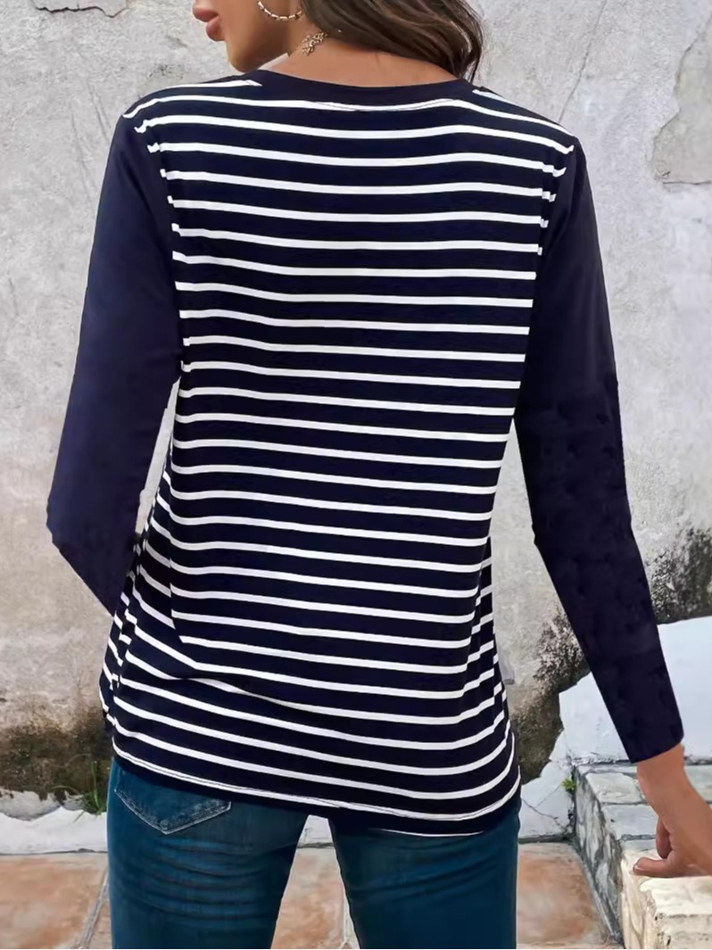 Lässig Gestreift Rundhals Langarm T-Shirt