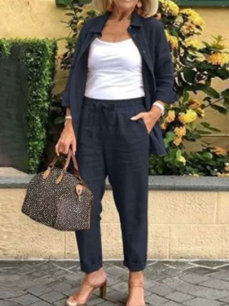 Damen Unifarben Schalkragen Langarm Bequem Lässig Mantel mit Hosen Zweiteiliges Set