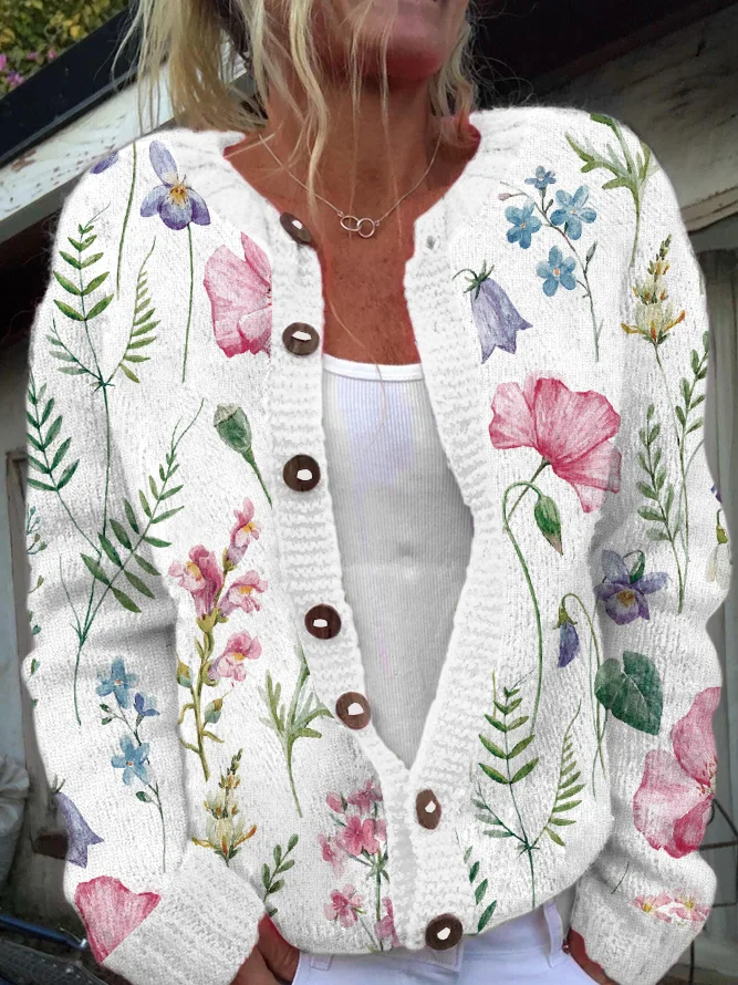 Damen Gestrickt Geblümt Langarm Bequem Lässig Strickjacke
