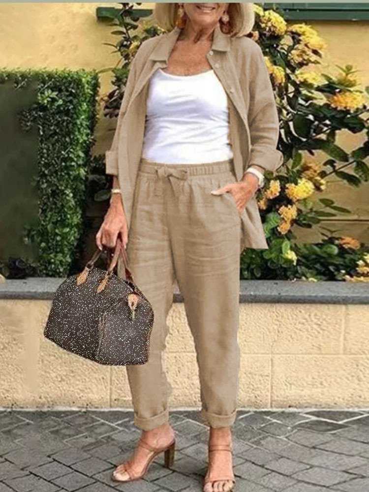 Damen Unifarben Schalkragen Langarm Bequem Lässig Mantel mit Hosen Zweiteiliges Set
