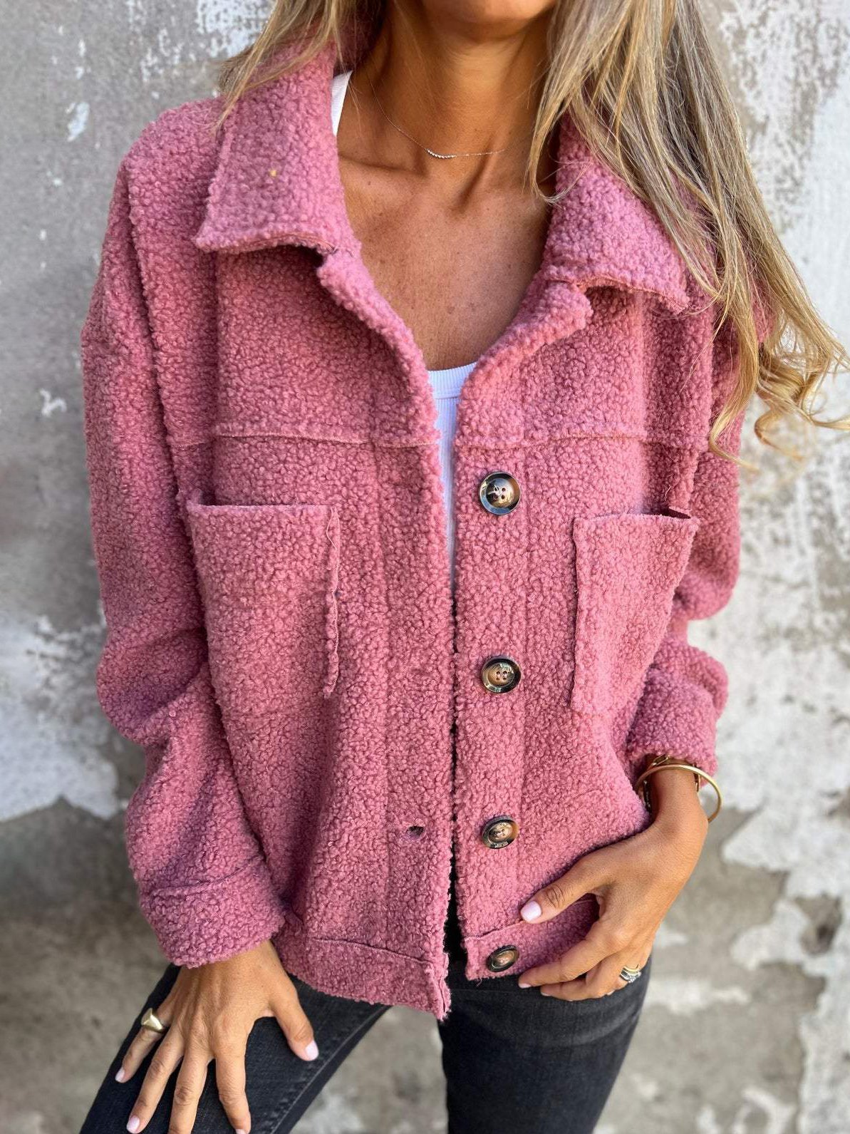 Damen Unifarben Hemdjacke Geknöpft verdicken Weit Teddy Jacke