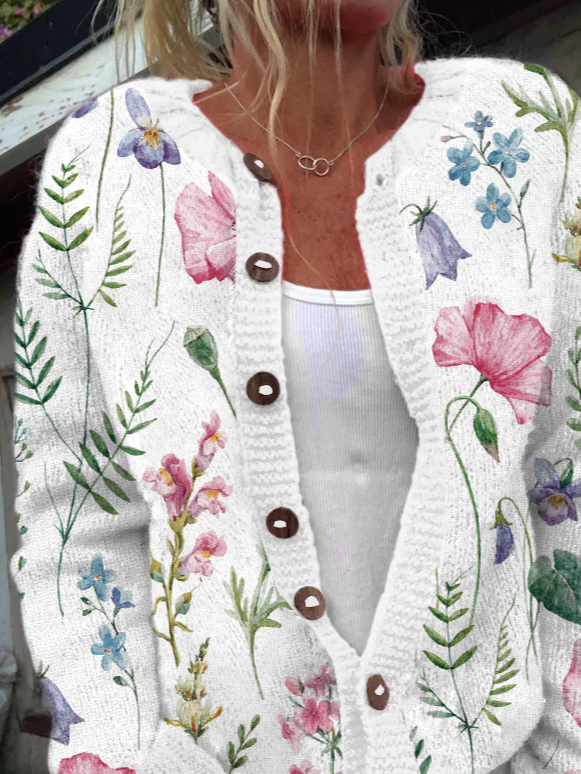 Damen Gestrickt Geblümt Langarm Bequem Lässig Strickjacke