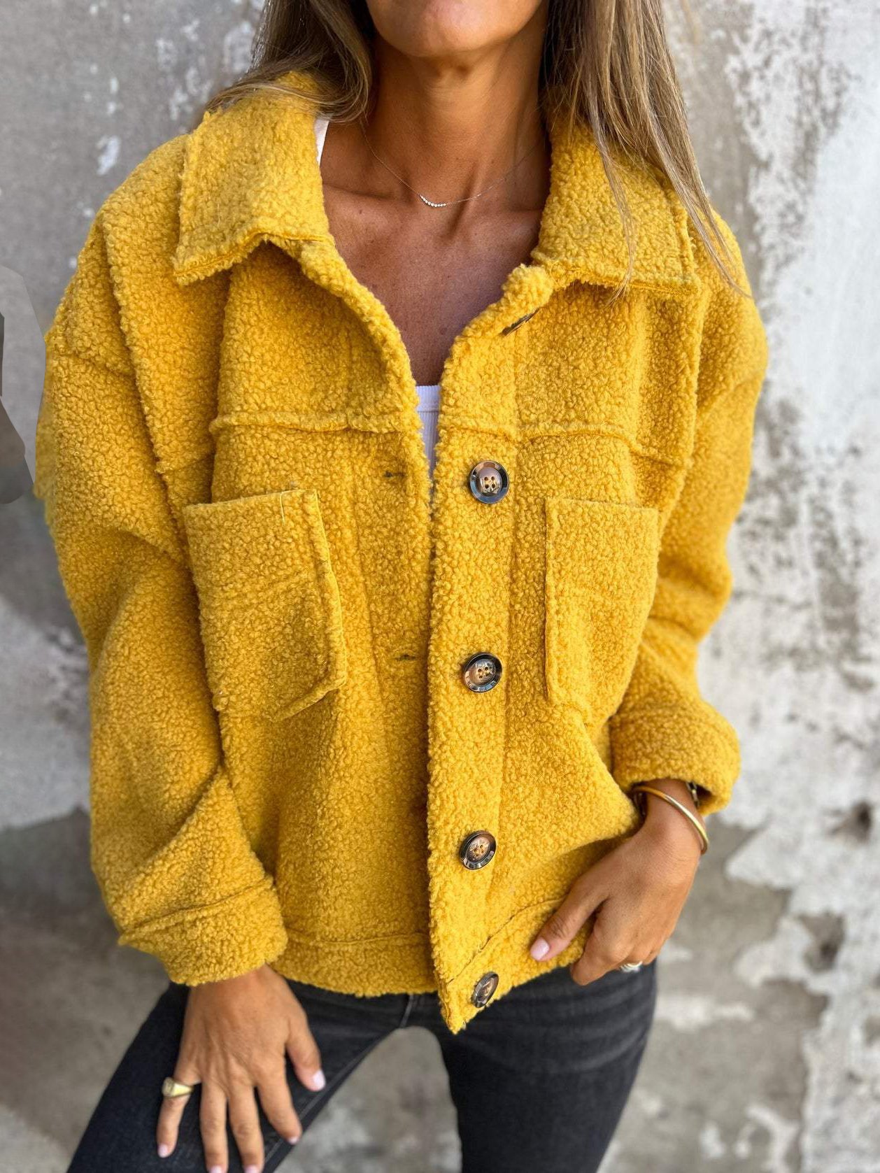 Damen Unifarben Hemdjacke Geknöpft verdicken Weit Teddy Jacke