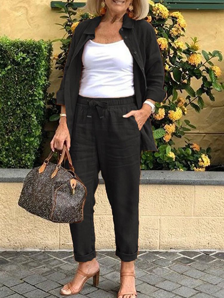 Damen Unifarben Schalkragen Langarm Bequem Lässig Mantel mit Hosen Zweiteiliges Set