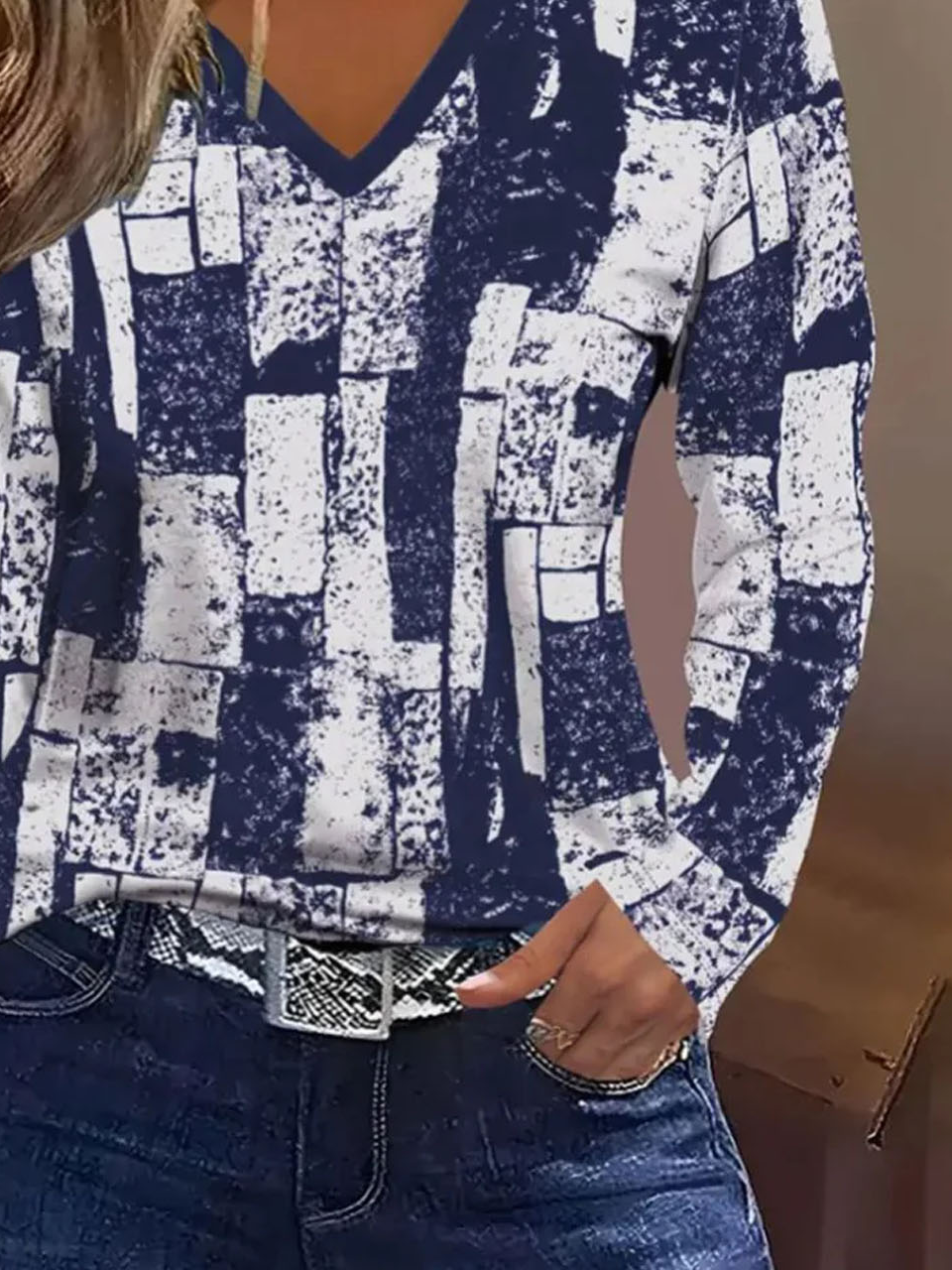 Lässig Abstrakt V-Ausschnitt Langarm T-Shirt