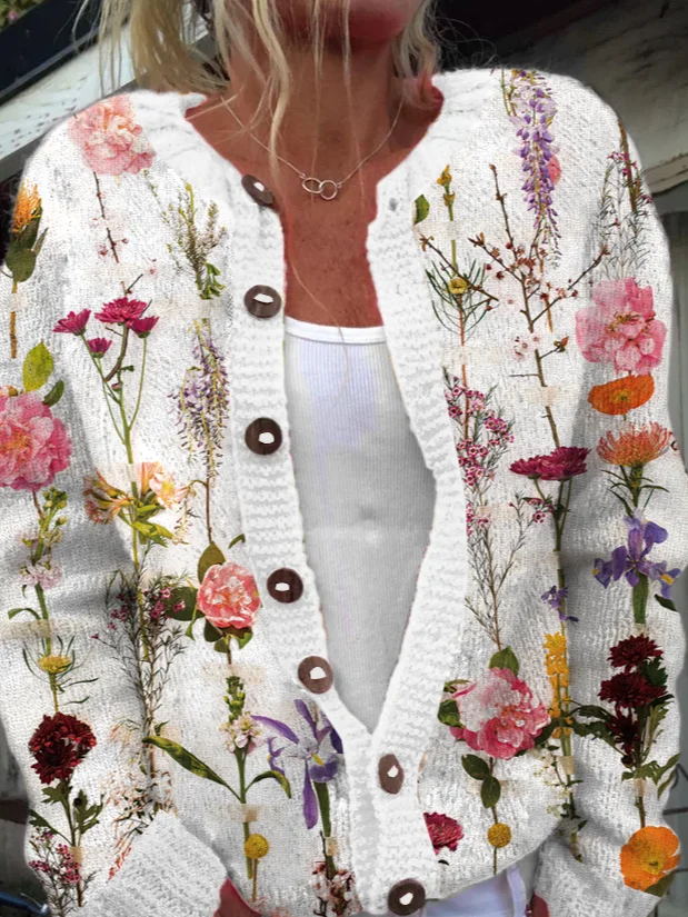 Damen Gestrickt Pflanzen Langarm Bequem Lässig Strickjacke