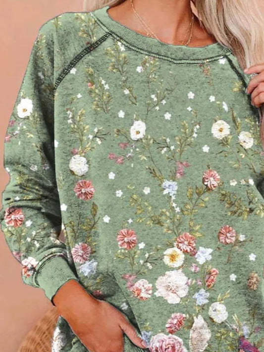 Lässig Rundhals Geblümt Sweatshirt Reißverschluss