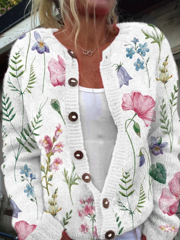 Damen Gestrickt Geblümt Langarm Bequem Lässig Strickjacke