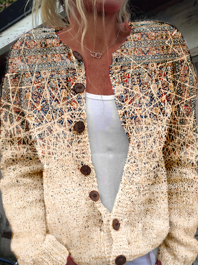 Damen Gestrickt Abstrakt Grafik Langarm Bequem Lässig Strickjacke