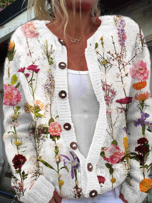 Damen Gestrickt Pflanzen Langarm Bequem Lässig Strickjacke