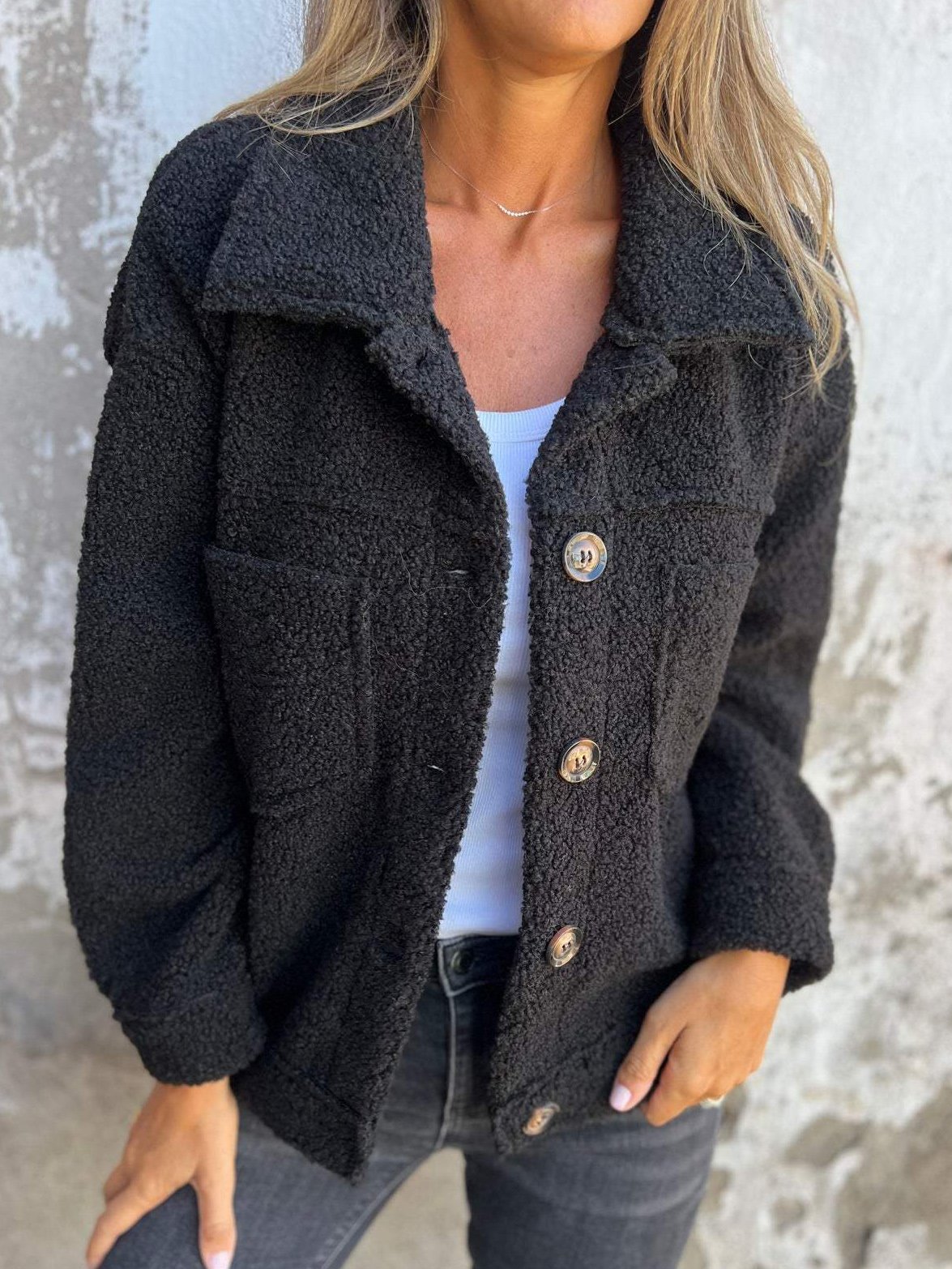 Damen Unifarben Hemdjacke Geknöpft verdicken Weit Teddy Jacke