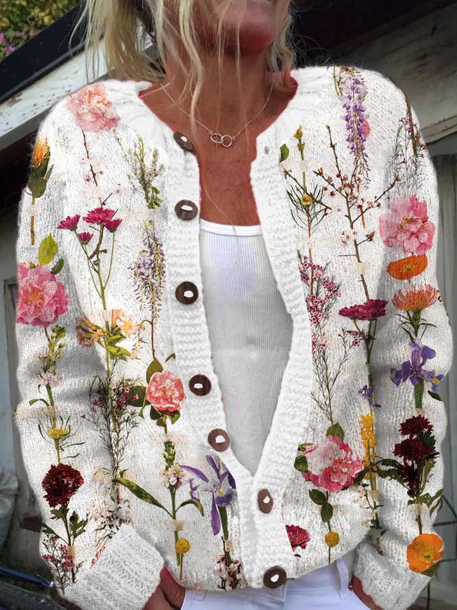 Damen Gestrickt Pflanzen Langarm Bequem Lässig Strickjacke