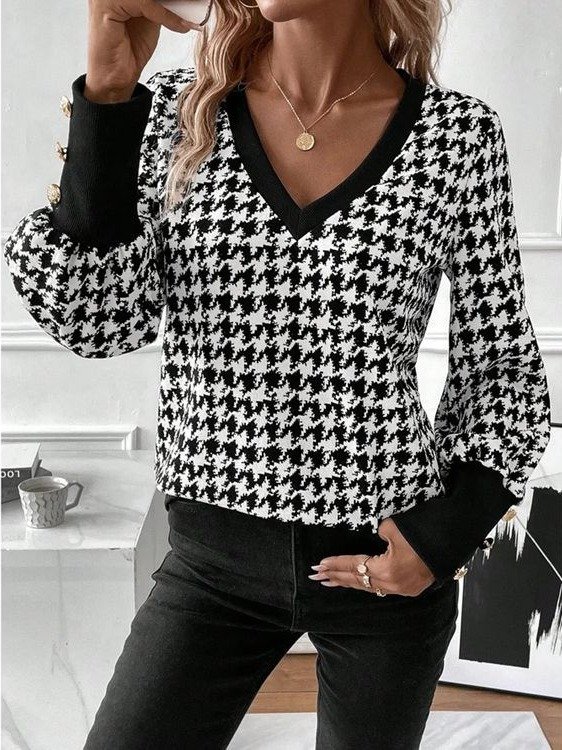 Lässig V-Ausschnitt Geometrisch Sweatshirt Schnalle