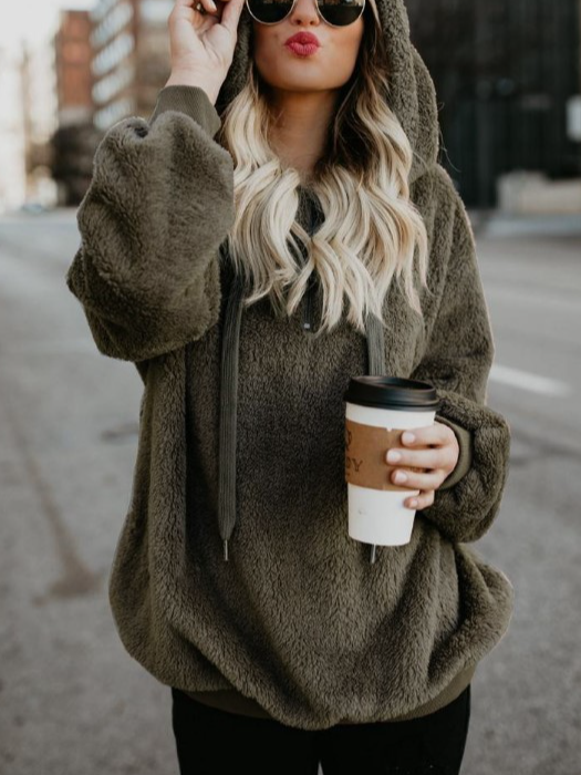 Lässig Kapuze Unifarben Sweatshirt Reißverschluss