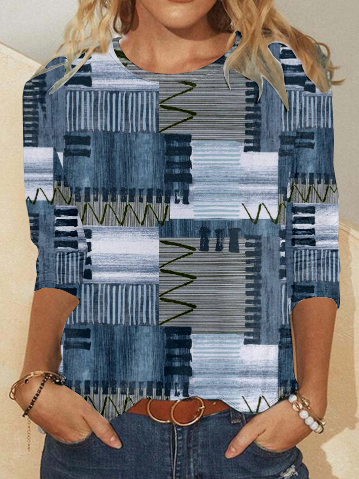 Lässig Geometrisch Rundhals Langarm T-Shirt