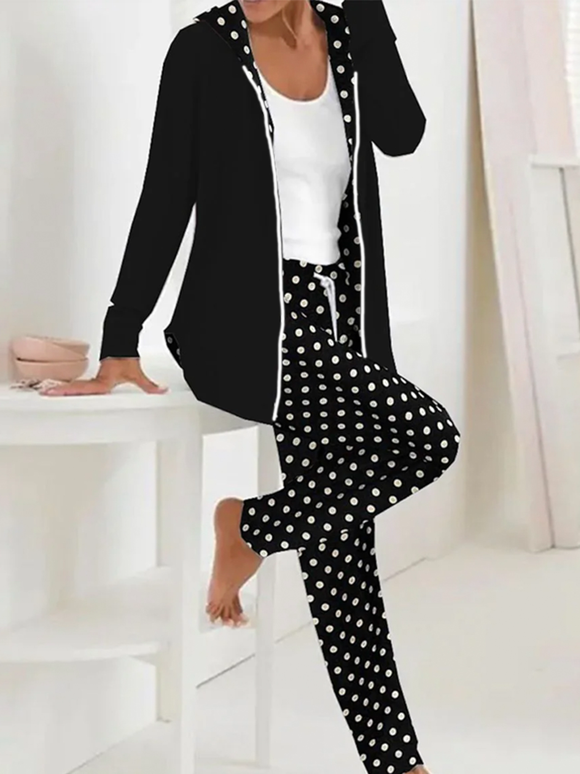 Damen Polka Dots Kapuze Langarm Bequem Lässig Mantel mit Hosen Zweiteiliges Set