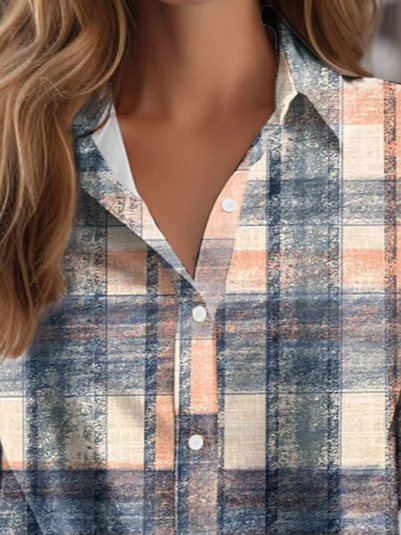 Hemdkragen Langarm Kariert Print Regelmäßig Weit Bluse für Damen