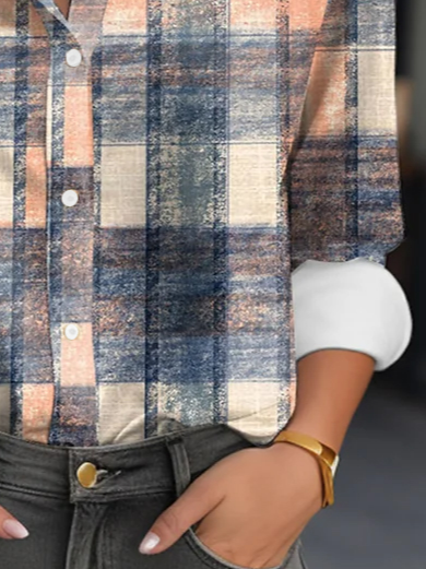 Hemdkragen Langarm Kariert Print Regelmäßig Weit Bluse für Damen