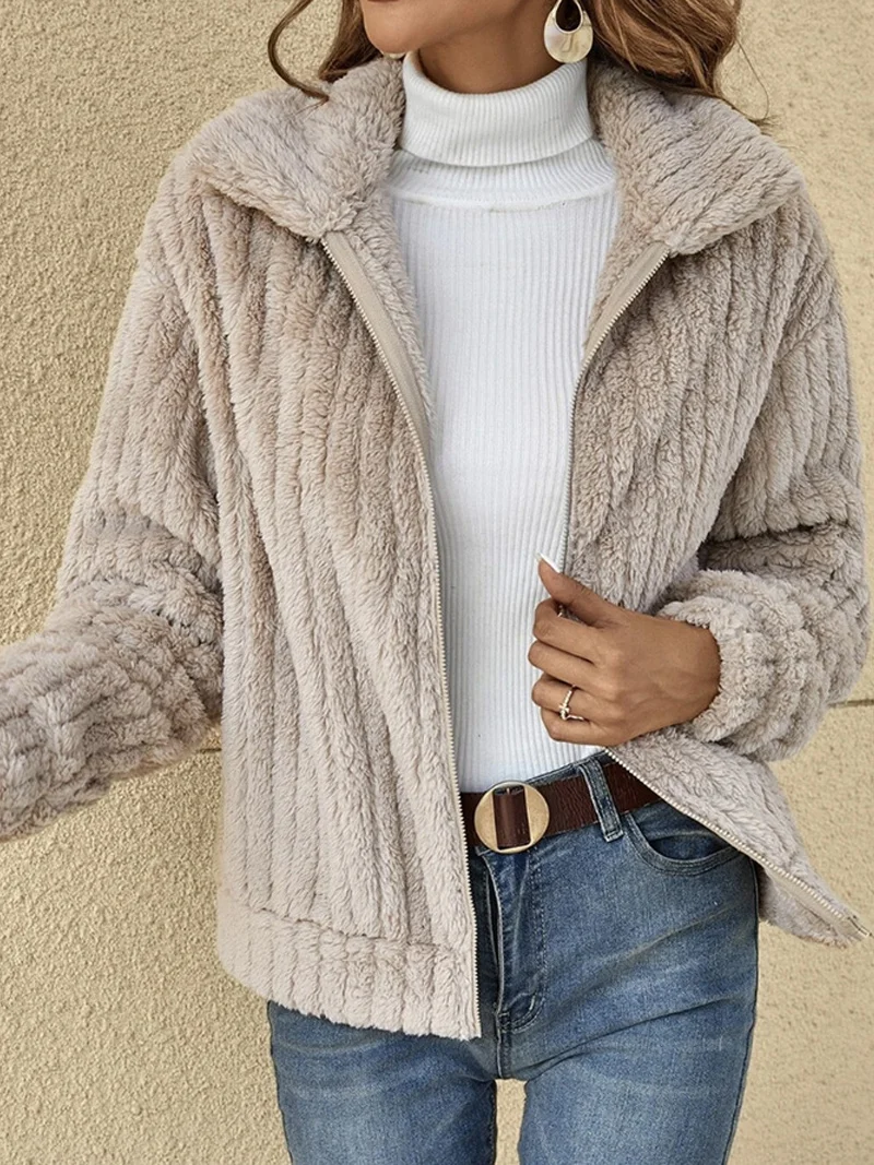 Damen Unifarben Reißverschluss verdicken Weit Teddy Jacke