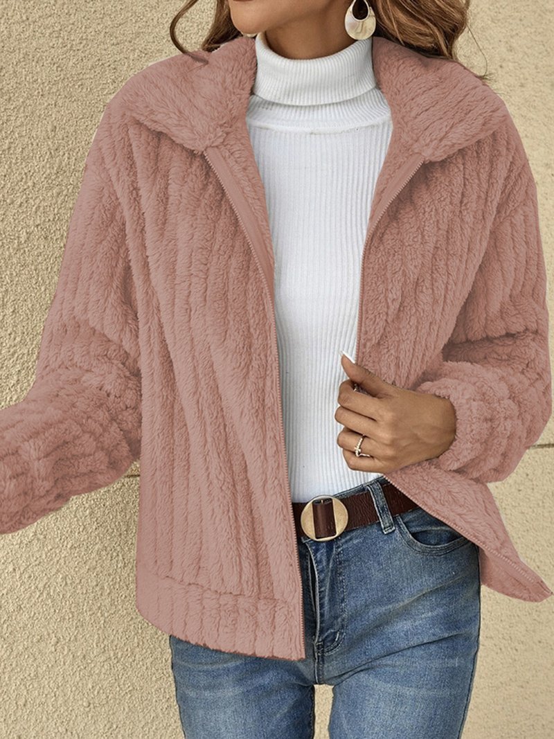 Damen Unifarben Reißverschluss verdicken Weit Teddy Jacke