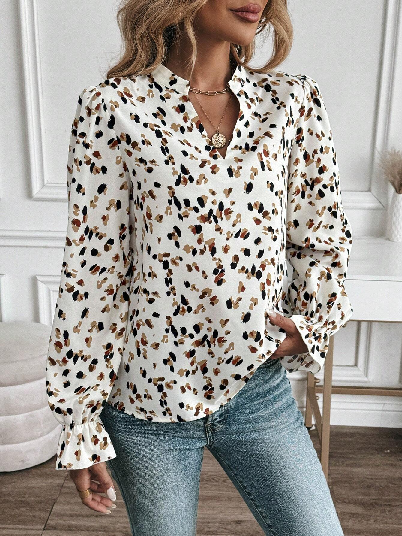 V-Ausschnitt Langarm Polka Dots Regelmäßig Weit Bluse für Damen