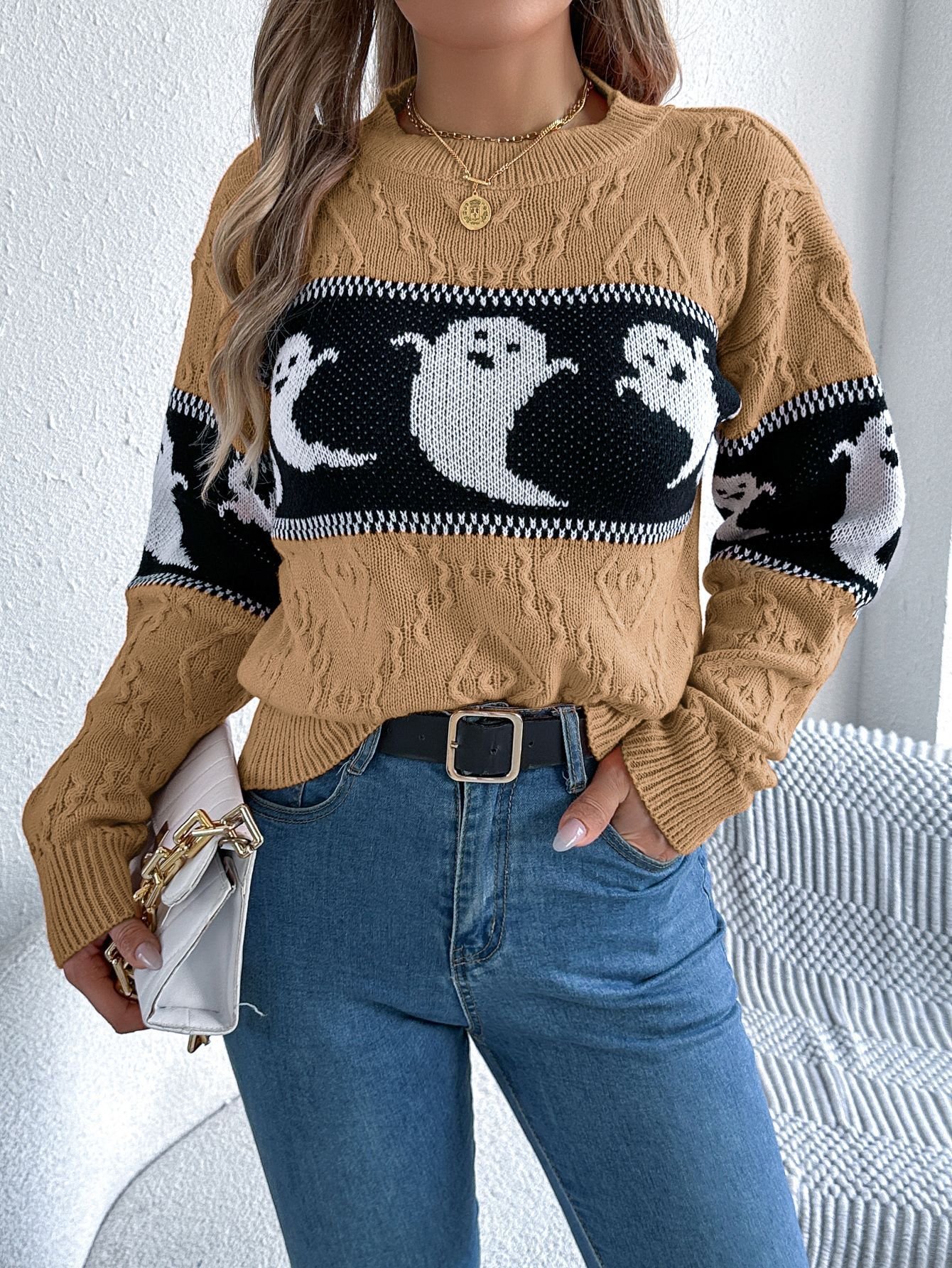 Damen Wolle/Stricken Halloween Langarm Bequem Lässig Pullover