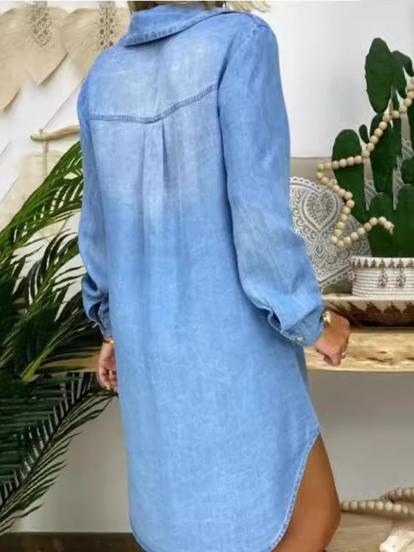 Damen Unifarben V-Ausschnitt Langarm Bequem Lässig Midikleid