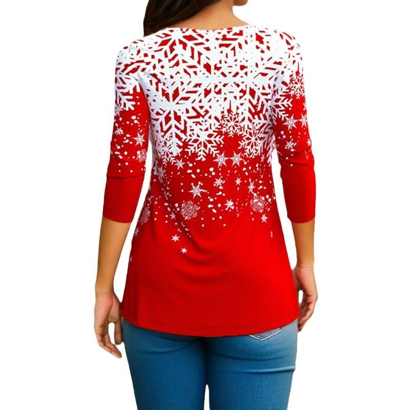 V-Ausschnitt Langarm Weihnachten Regelmäßig Mikroelastizität Weit Bluse für Damen