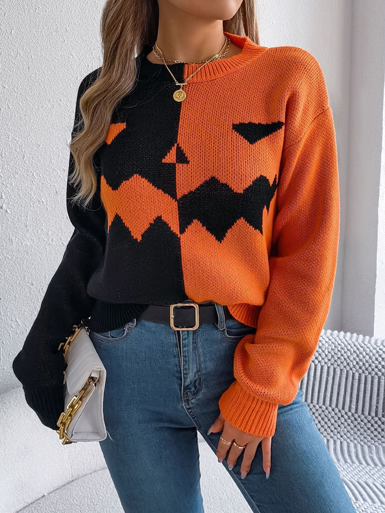 Damen Wolle/Stricken Halloween Langarm Bequem Lässig Pullover