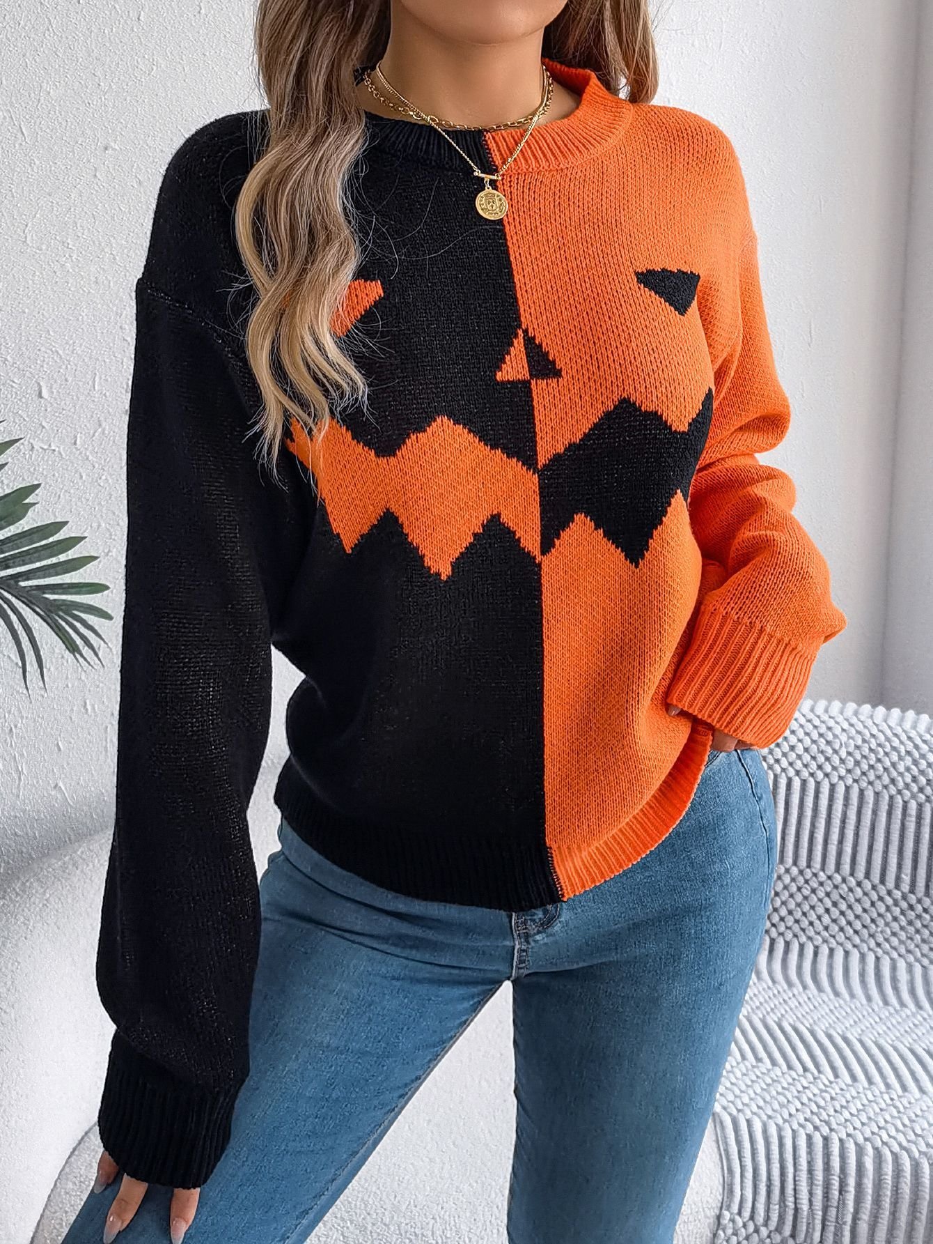 Damen Wolle/Stricken Halloween Langarm Bequem Lässig Pullover